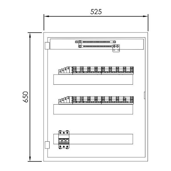 Line drawing of a 48 way metal switchboard with 3 din rails and x2 8TP multiclips