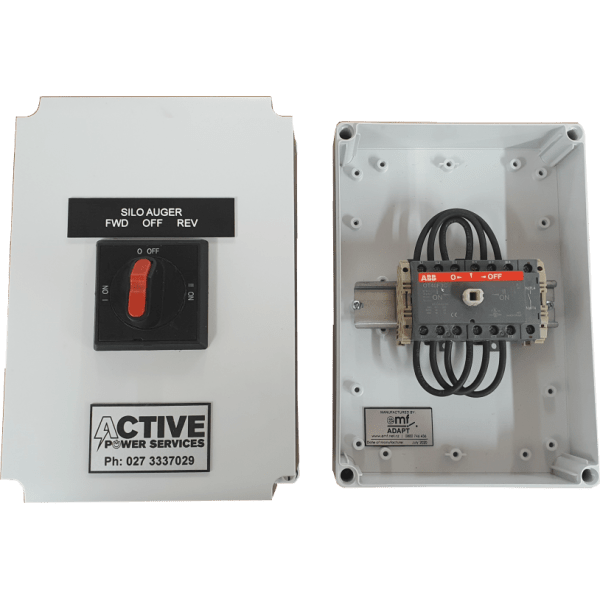 internal and external view of a auger controls box with a white background. 