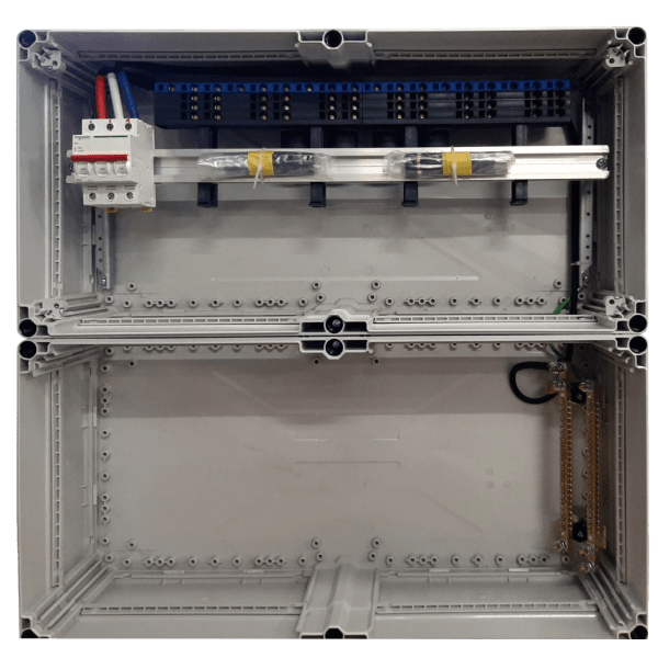 inside a 100 or 160A outdoor distribution board with a multiclip and Schneider main switch mounted on a din rail. large cable duct below.