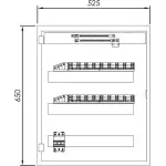 Line drawing of a 48 way metal switchboard with 3 din rails and x2 8TP multiclips