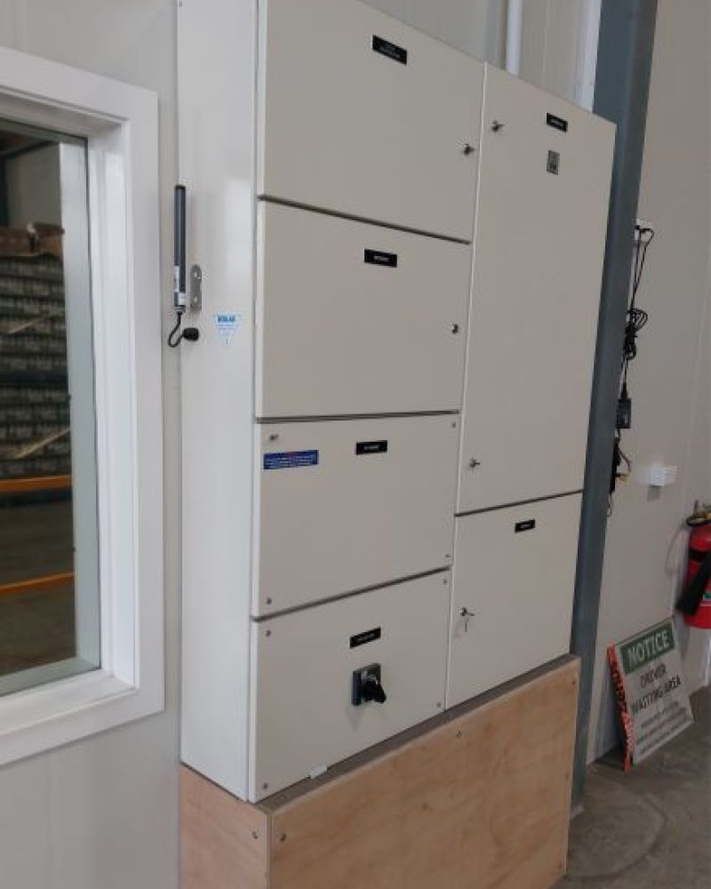 160A switchboard on wood plinth at a cold storage facility 